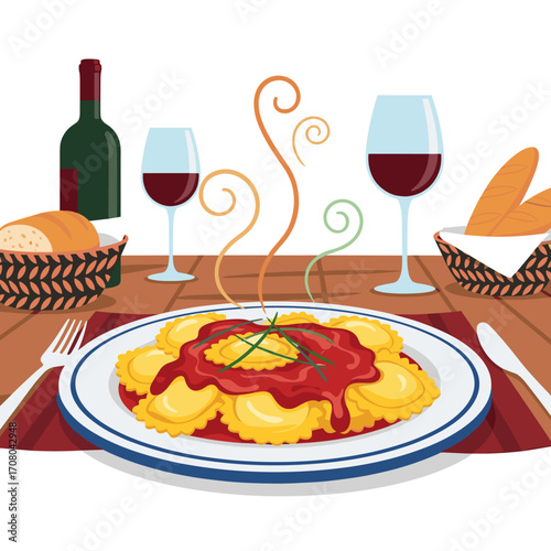 A delicious plate of ravioli with tomato sauce and a glass of red wine.