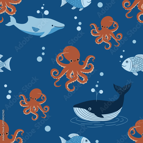 A charming underwater scene featuring playful octopuses swimming with a gentle whale and fishes.