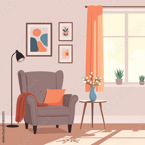A cozy living room scene bathed in soft sunlight with comfortable seating and minimalist decor.