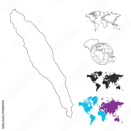 Detailed outline map of a long island next to several world map illustrations.