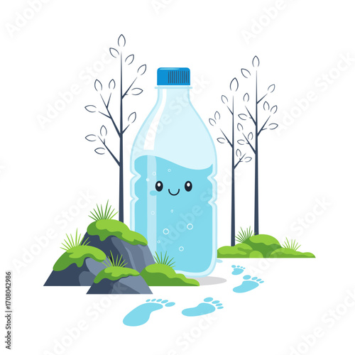 A cute cartoon water bottle character with a happy face stands in a natural environment with trees and footprints suggesting a journey or a walk.