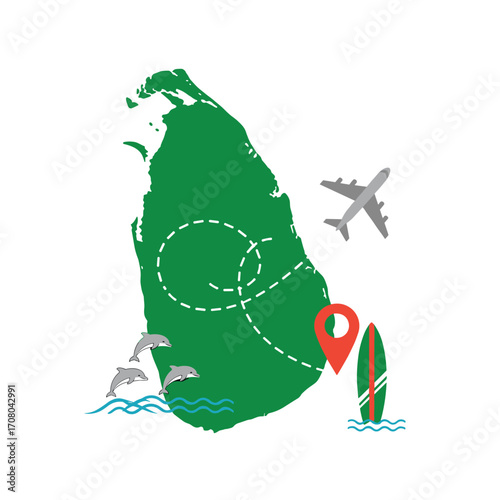 An illustrated map of Sri Lanka depicting popular tourist destinations and activities with travel icons.