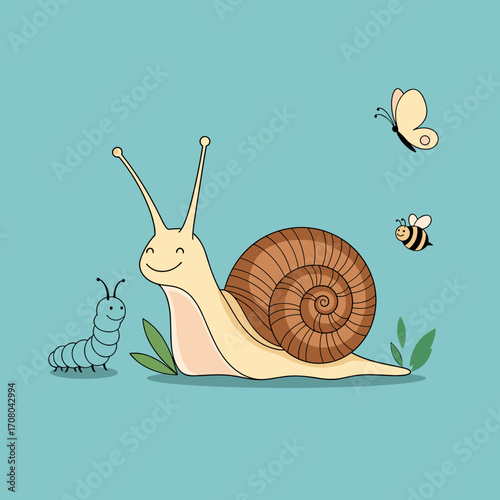 A friendly snail makes new friends with a caterpillar and busy bees.