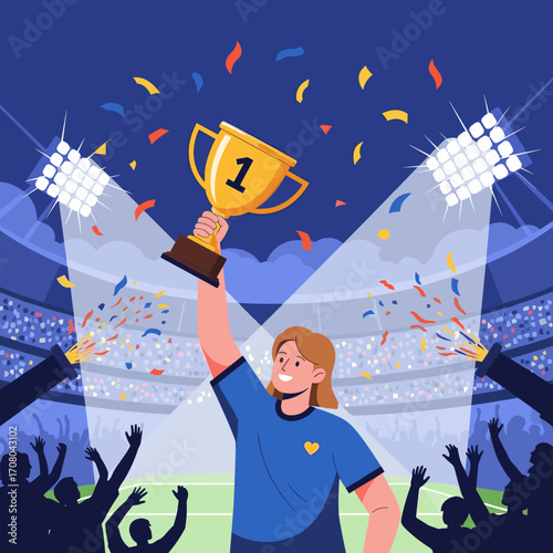 A joyous winner holding a golden trophy aloft amid a cheering crowd and stadium spotlights in celebration of their victory.