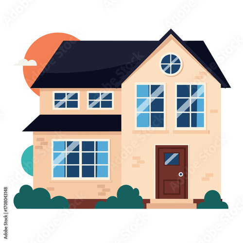 A charming two story suburban house with multiple windows and a front door.