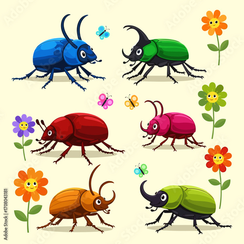 A playful collection of colorful cartoon beetles and butterflies frolic among cheerful flowers.