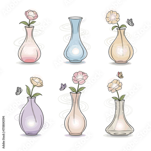 A collection of six decorative vases each holding a single delicate flower with subtle wisps of smoke and a small butterfly nearby.