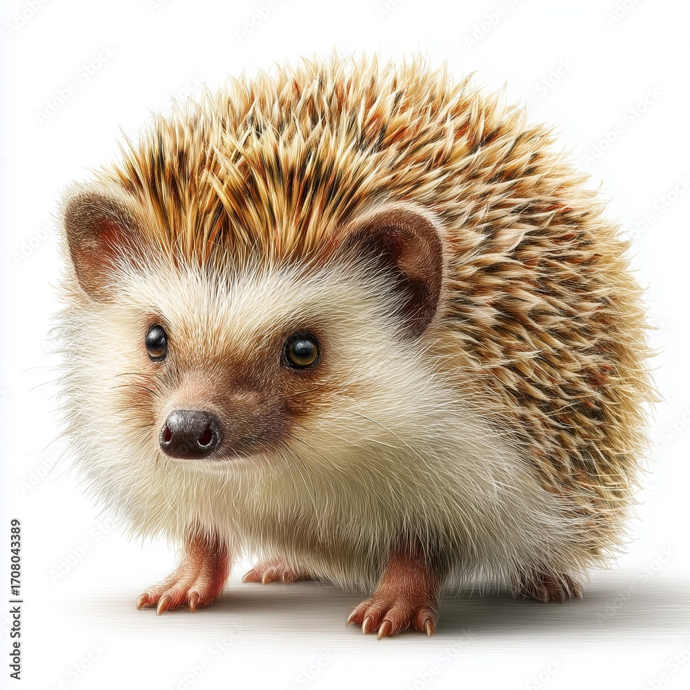 Fototapeta premium A realistic image of a hedgehog with brown and white fur, small eyes, and short legs, isolated on a white background with a soft shadow.