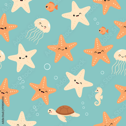 A charming underwater scene filled with smiling sea creatures.