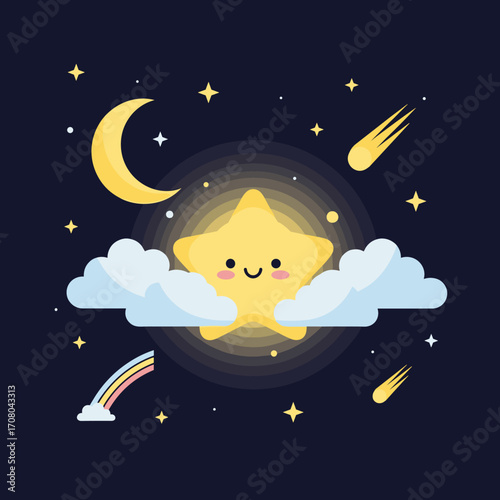 A cute smiling star is peeking from behind clouds in the night sky. .