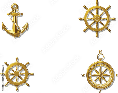 Golden nautical icons set, including anchor, ship wheels, and compass, perfect for marine themes, sailing design, ocean travel, and sea navigation
