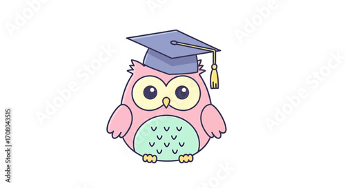 Cute cartoon pink owl wearing a graduation cap, , symbolizing education, knowledge, and academic achievement in a whimsical style