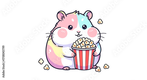 Cute cartoon hamster with colorful fur holding a bucket of popcorn, , perfect for childrens themes and fun designs