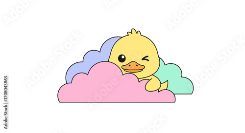 Cute cartoon yellow duckling peeking from behind colorful pastel clouds, , adorable baby bird illustration for childrens themes