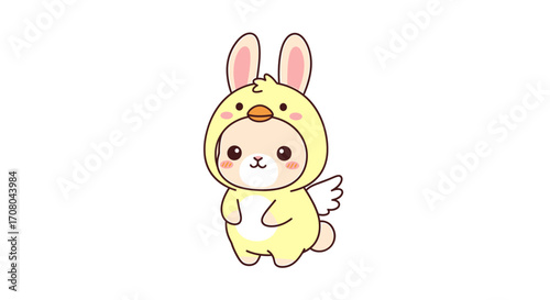 Billede på lærred Cute cartoon chick wearing a bunny costume, , adorable illustration for children