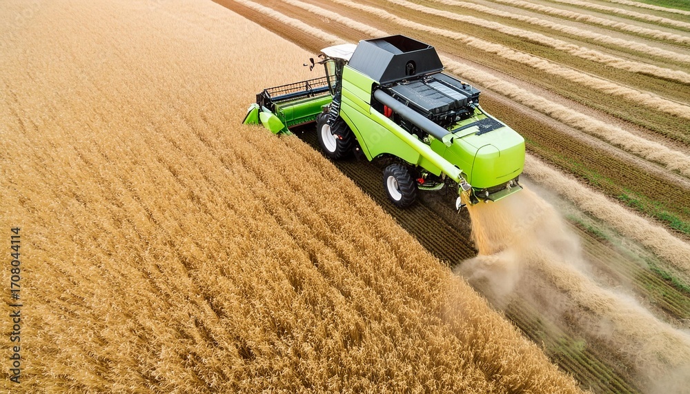 Obraz premium Drone view of harvester machine harvesting wheat in America. AI generated image.
