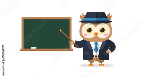 A cute cartoon owl dressed as a teacher, wearing a suit and hat, stands next to a blackboard and points with a stick
