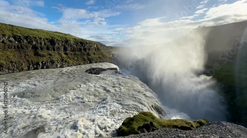 Wide Angle Pan of Water Flow at Gullfoss Waterfall, Iceland
