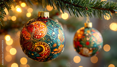 Intricately Decorated Christmas Ornament with Golden Accents and Soft Bokeh Lights
