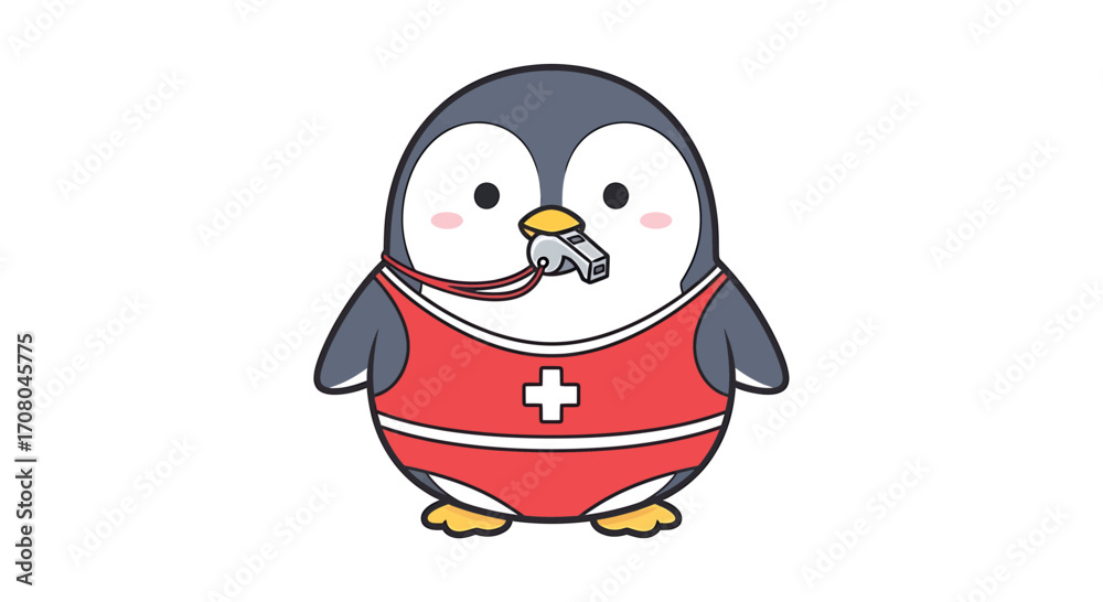 Obraz premium Cute cartoon penguin lifeguard wearing a red swimsuit and holding a whistle in its beak
