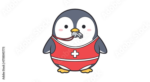 Cute cartoon penguin lifeguard wearing a red swimsuit and holding a whistle in its beak