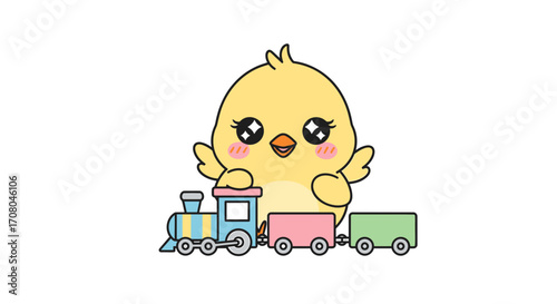 Cute cartoon yellow chick with big eyes and wings, sitting behind a colorful toy train with two carriages