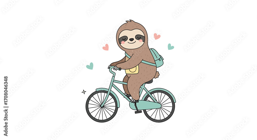 Naklejka premium Cute cartoon sloth riding a bicycle with a backpack, , with hearts and sparkles symbolizing joy and love