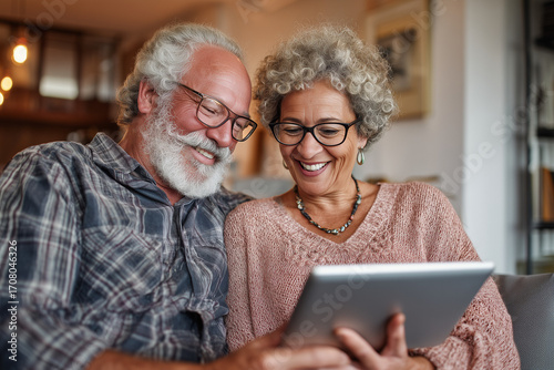 Happy senior couple watching a movie together on iPad 