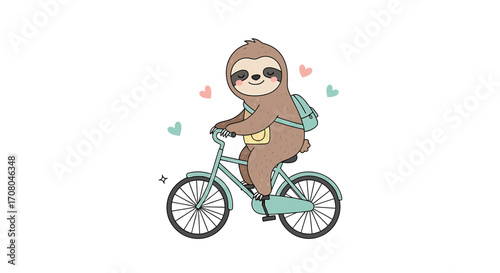 Cute cartoon sloth riding a bicycle with a backpack, , with hearts and sparkles symbolizing joy and love