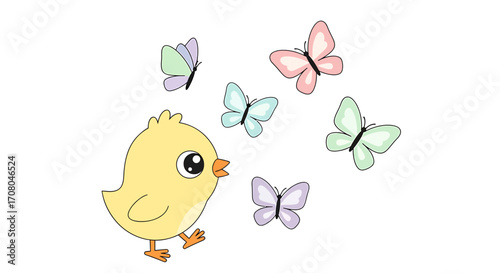 A cute cartoon yellow chick with big eyes is happily walking and looking at several colorful butterflies flying around it