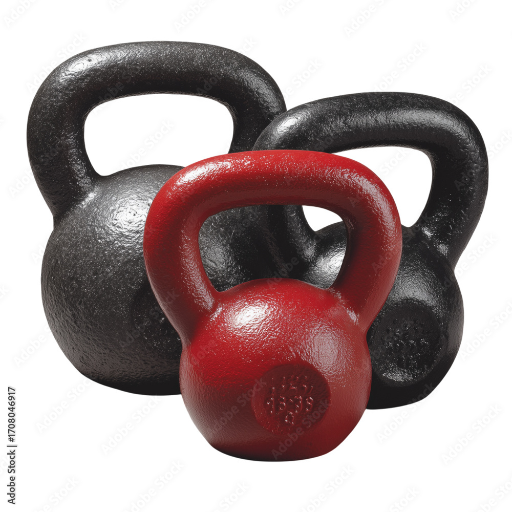 Fototapeta premium A collection of sleek, cast iron kettlebells, each in striking colors, rests poised against a clean background.