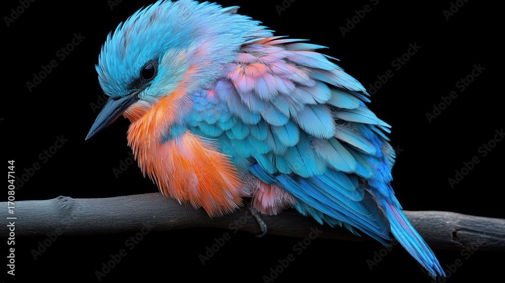 Fototapeta premium Vibrant blue and orange kingfisher perched on a branch, plumage detailed and colorful against a black background.