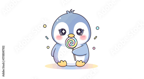 Cute cartoon penguin holding a colorful lollipop