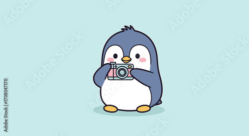 A cute cartoon penguin holding a vintage camera, ready to take a picture, with a soft blue background