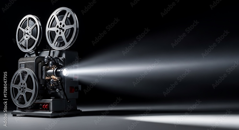 Obraz premium A vintage film projector with large reels casts a powerful, bright beam of light across a dark, smoky room, evoking classic cinema.