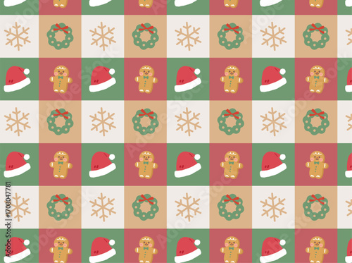Seamless squared pattern ginger cookie snowflake santa claus hat