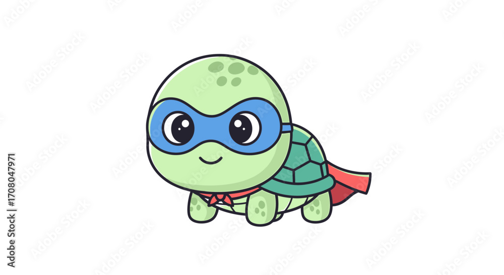 Fototapeta premium Cute cartoon superhero turtle with a red cape and blue mask
