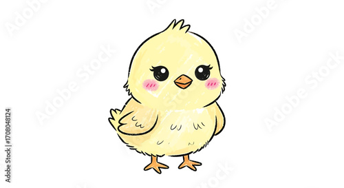 Cute cartoon chick, a charming illustration of a fluffy yellow baby bird with big eyes and rosy cheeks, perfect for spring and easter themes, rendered in a simple and adorable drawing style