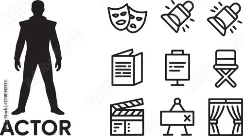 Actor Silhouette with Theater Icons on Transparent Background Vector Illustration