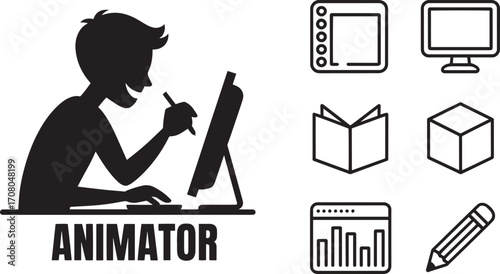 Animator Silhouette Vector Illustration with Graphics Tablet and Design Icons
