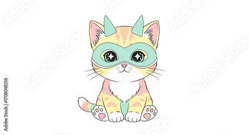 Cute cartoon superhero kitten with big sparkling eyes and colorful pastel fur, wearing a green mask and pointy ears, sitting and looking forward