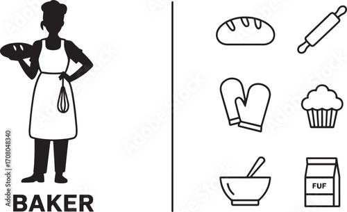 Baker Silhouette Vector Illustration with Bread and Baking Tools Outline Art