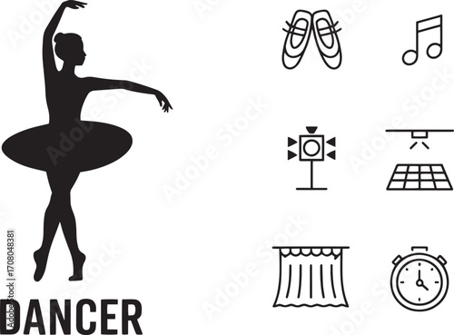 Ballerina Silhouette Icon Set for Dance Performance and Ballet Studio Elements