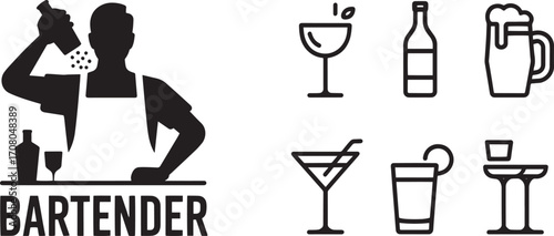 Bartender Silhouette with Cocktail Glass and Bottle Icons for Beverage Service Industry Design