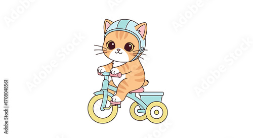 Cute cartoon orange tabby kitten wearing a helmet, riding a bicycle