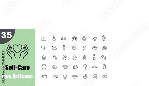Self-care icon set, wellness and mental health symbols