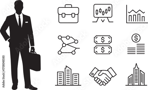 Business Professional Silhouette with Financial Icons for Corporate Success and Investment