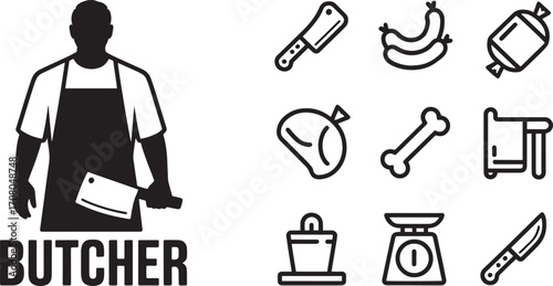 Butcher Silhouette with Meat Cuts and Tools on Transparent Background for Food Industry
