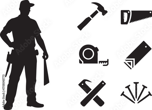 Carpenter Silhouette with Hammer, Saw, Tape Measure, and Nails Icons on Transparent Vector