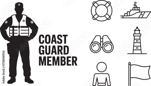 Coast Guard Member Icon Set Vector Illustration with Maritime and Safety Elements